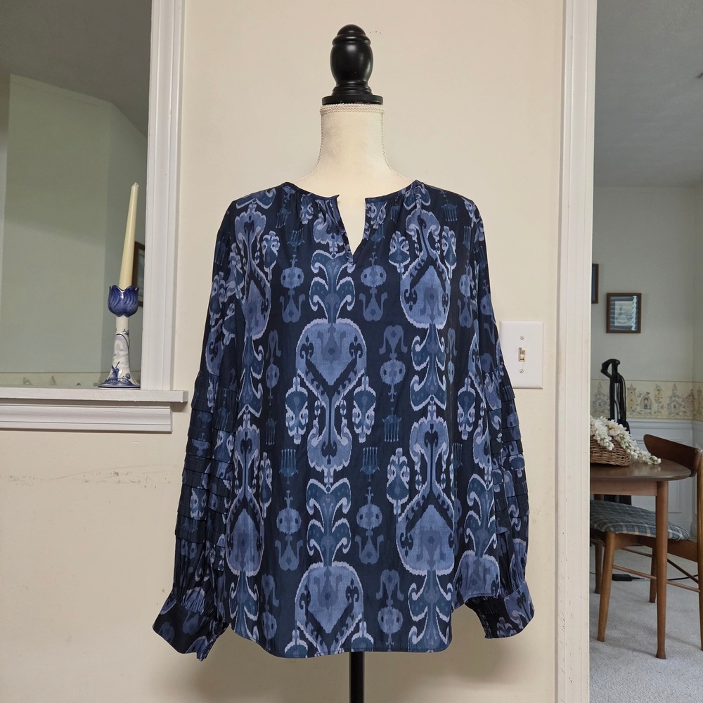 Chico's Pleated Sleeve Sea Island Indigo Ikat Popover Top Sz 3 16/XL Artsy Boho
